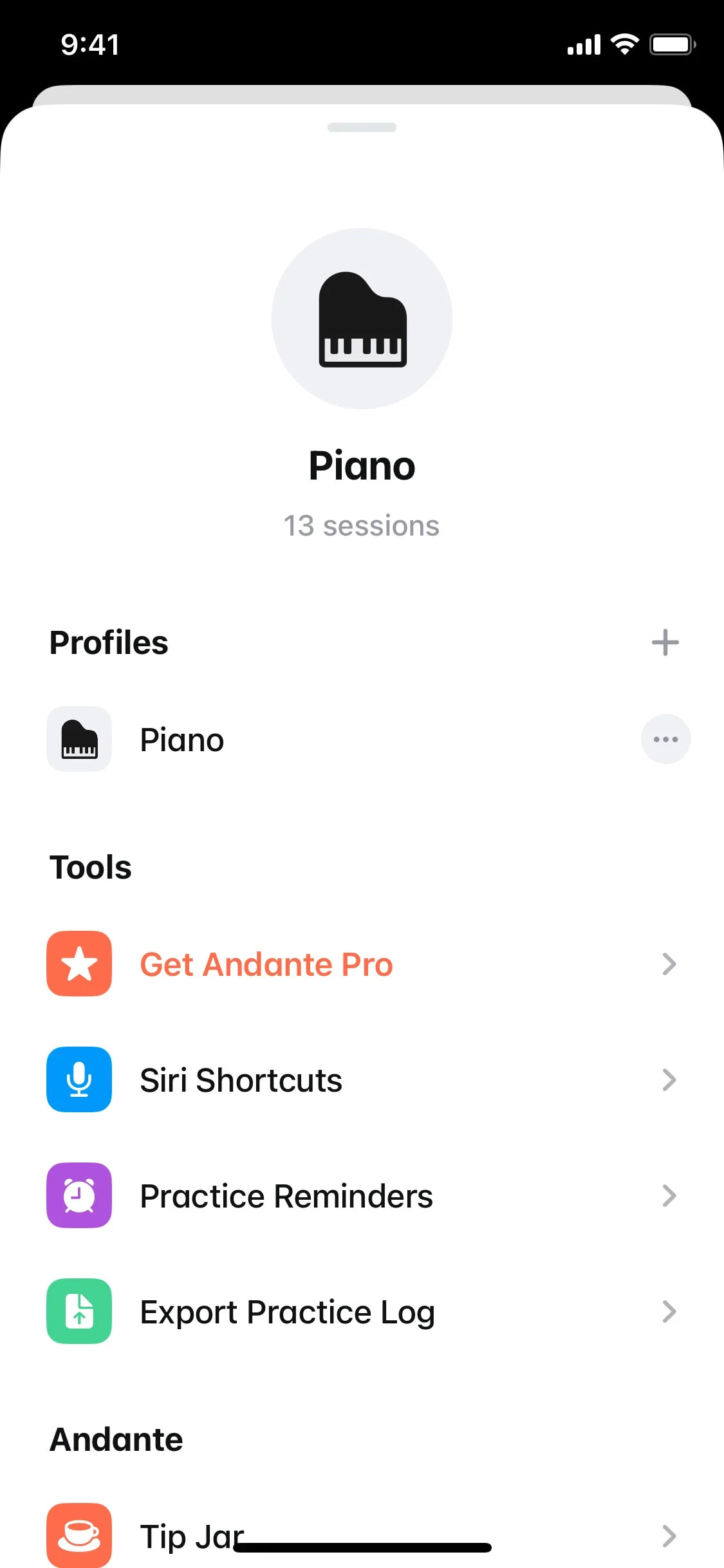 Andante UI Design Screenshot: Music Practice Journal & Metronome