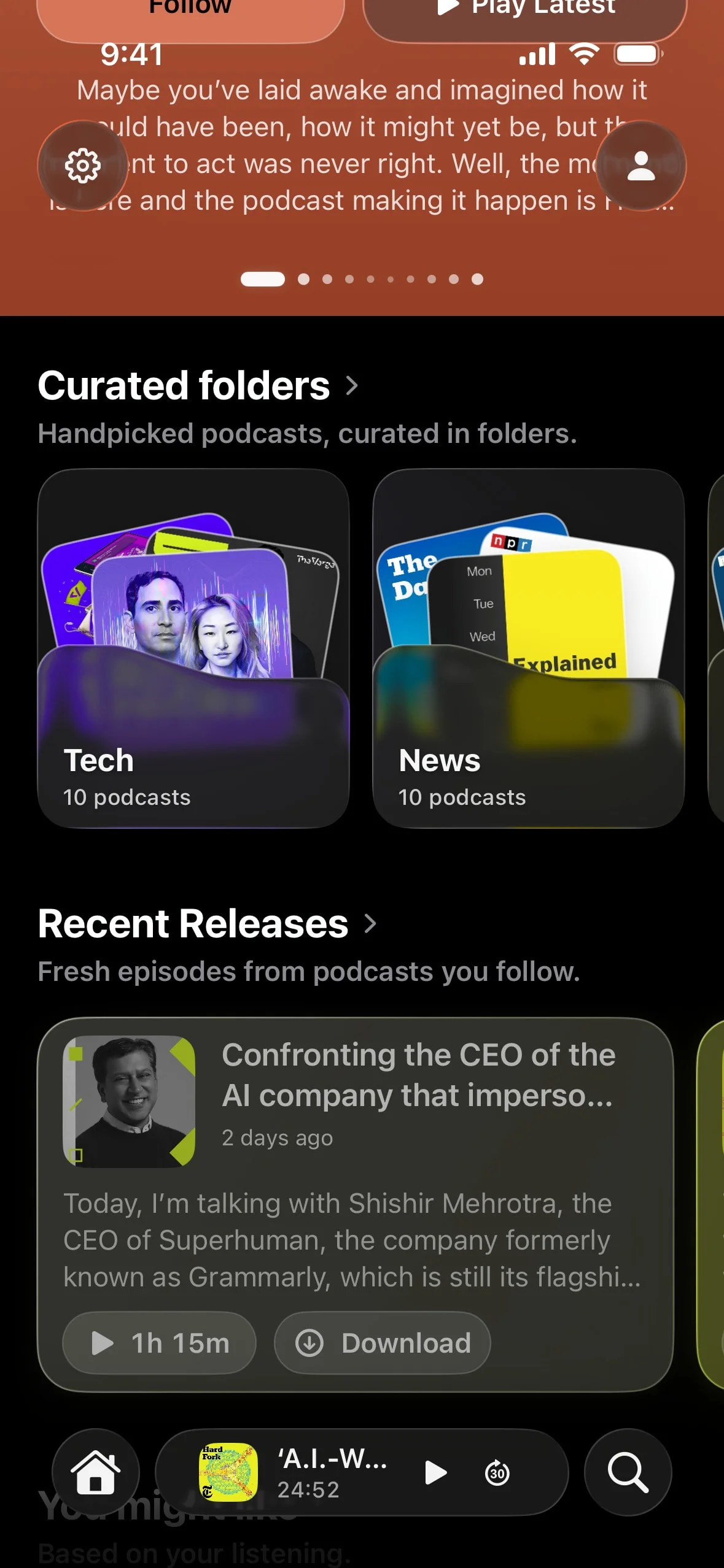 Brink UI Design Screenshot: Handpicked Podcasts & Curated Audio Feeds