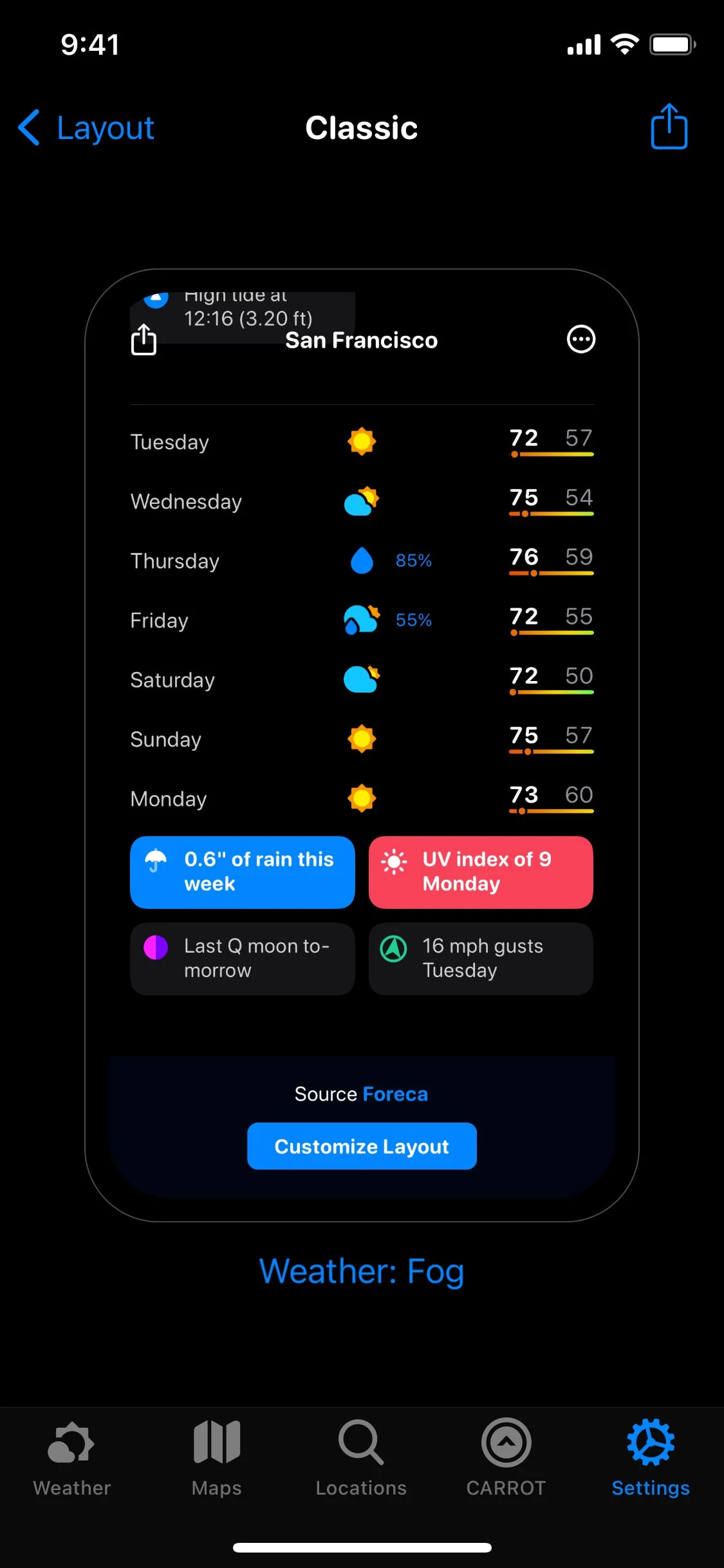 CARROT Weather UI Design Screenshot: Snarky Forecasts & Radar