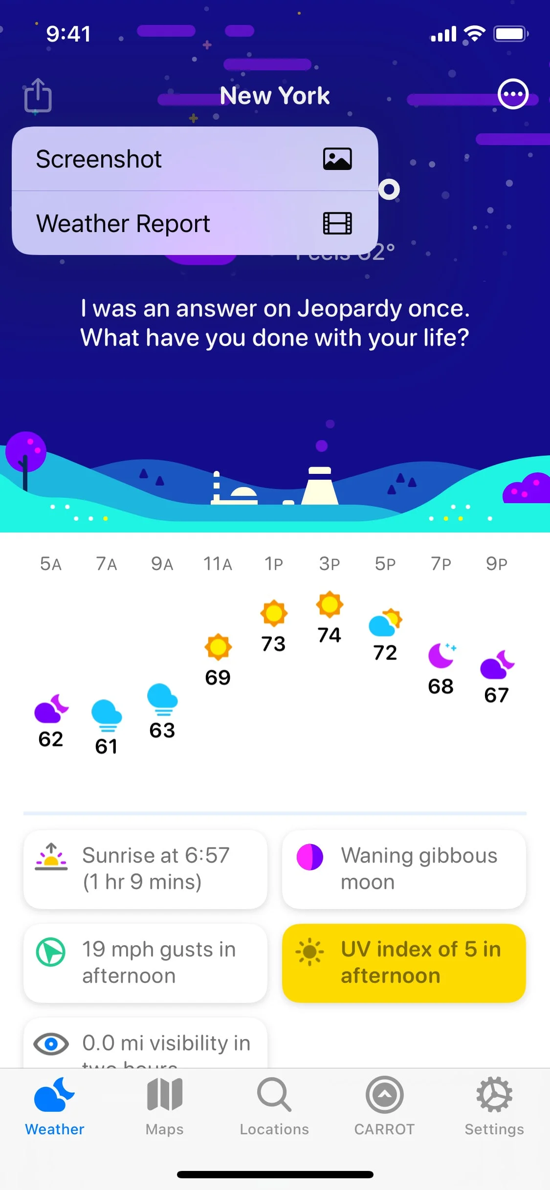CARROT Weather UI Design Screenshot: Snarky Forecasts & Radar