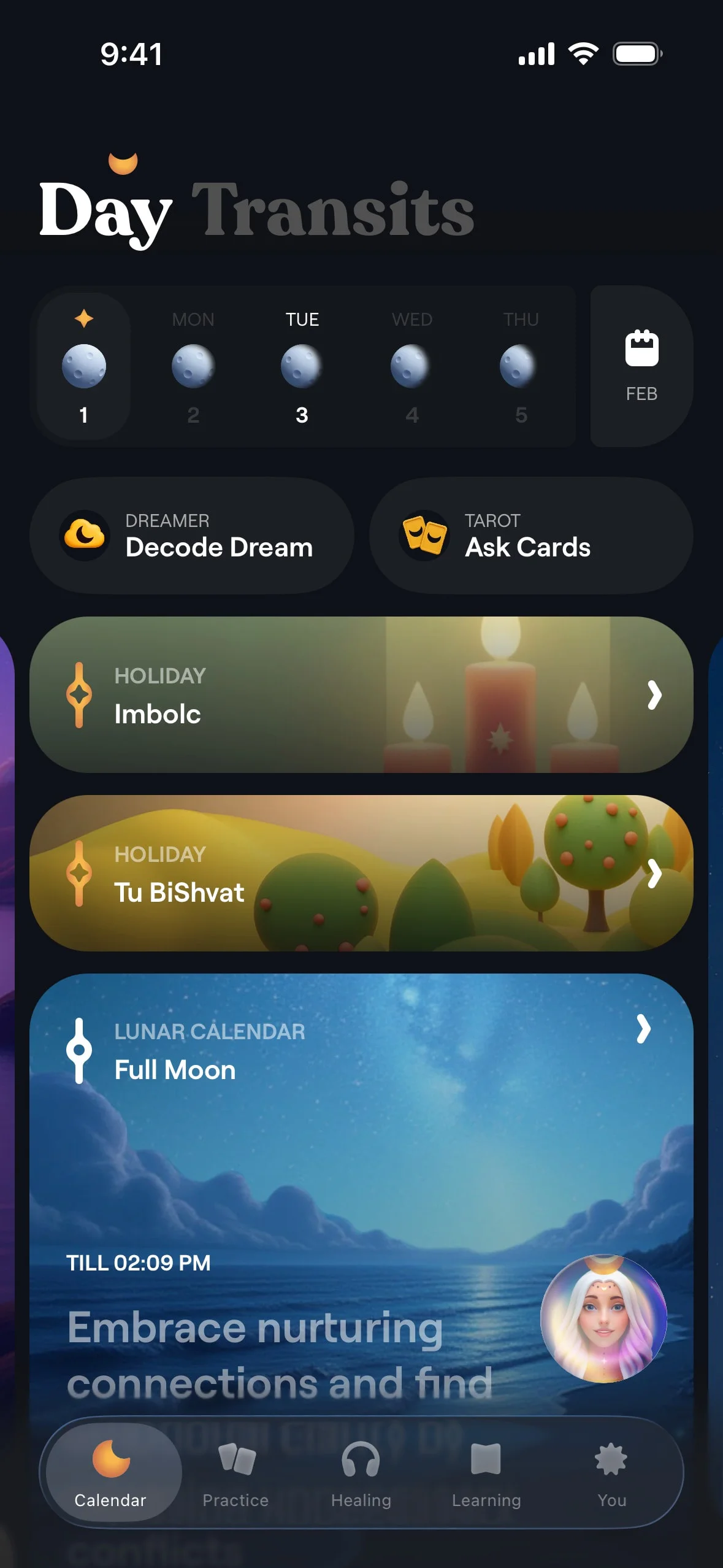 climb UI Design Screenshot: Astrological Transits & Lunar Calendar