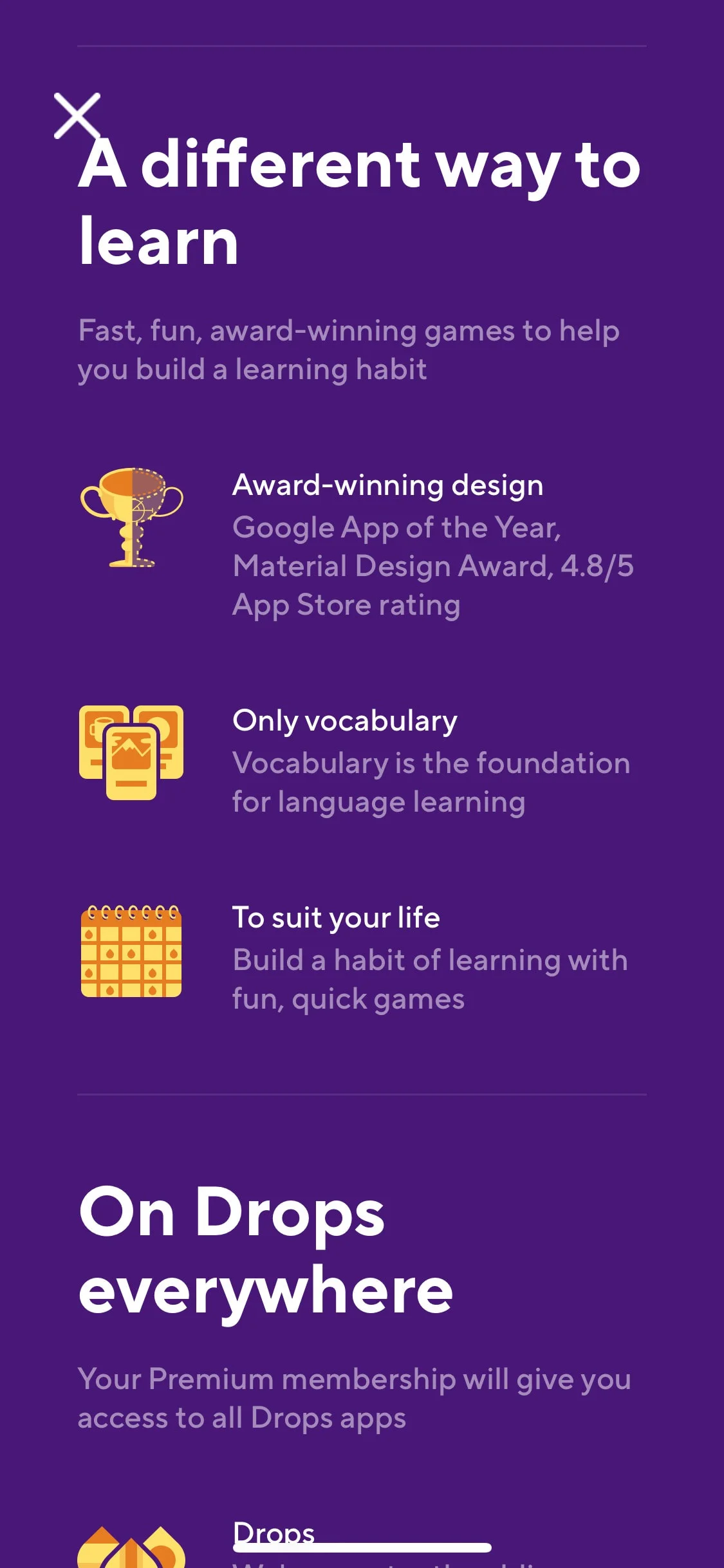 Drops UI Design Screenshot: Visual Fast-Paced Language Learning