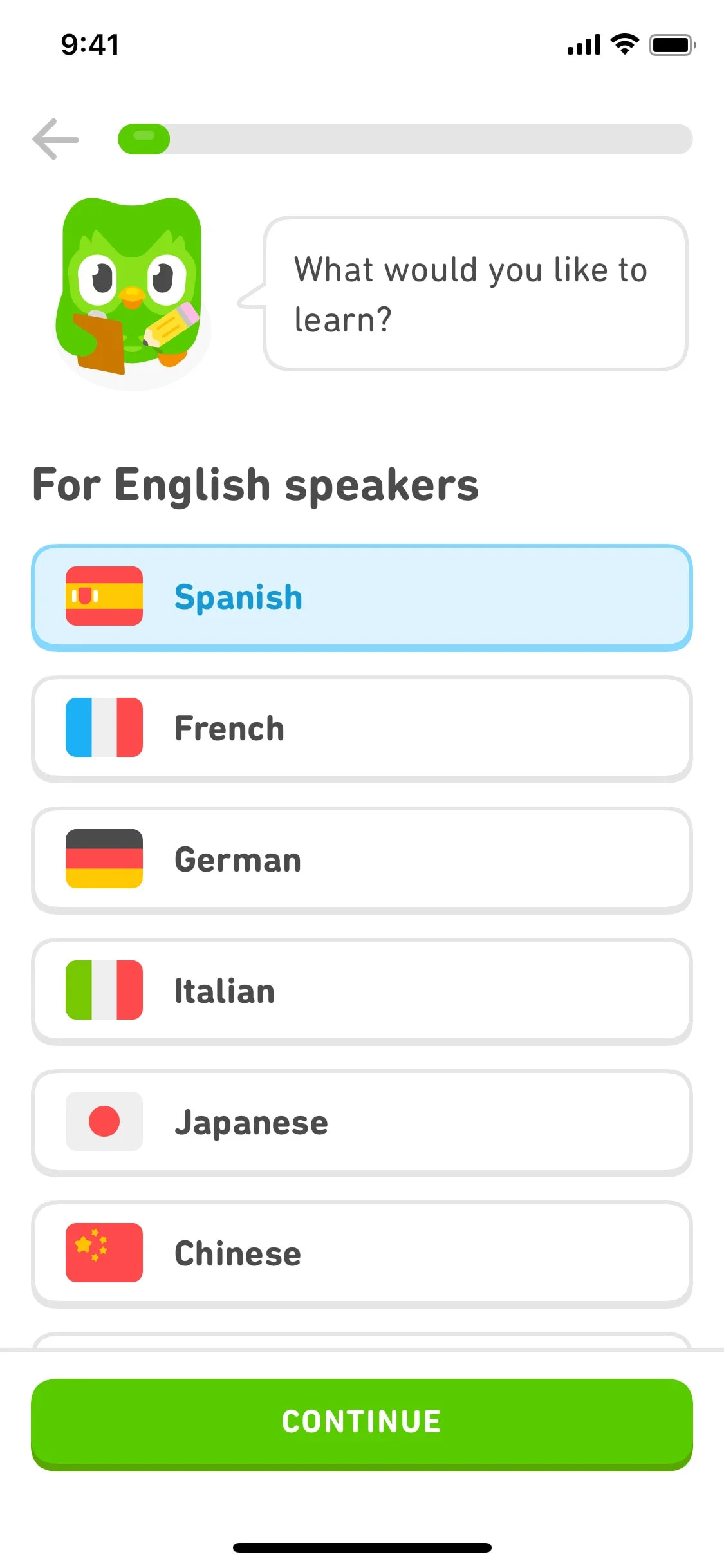 Duolingo UI Design Screenshot: Onboarding: What would you like to learn?