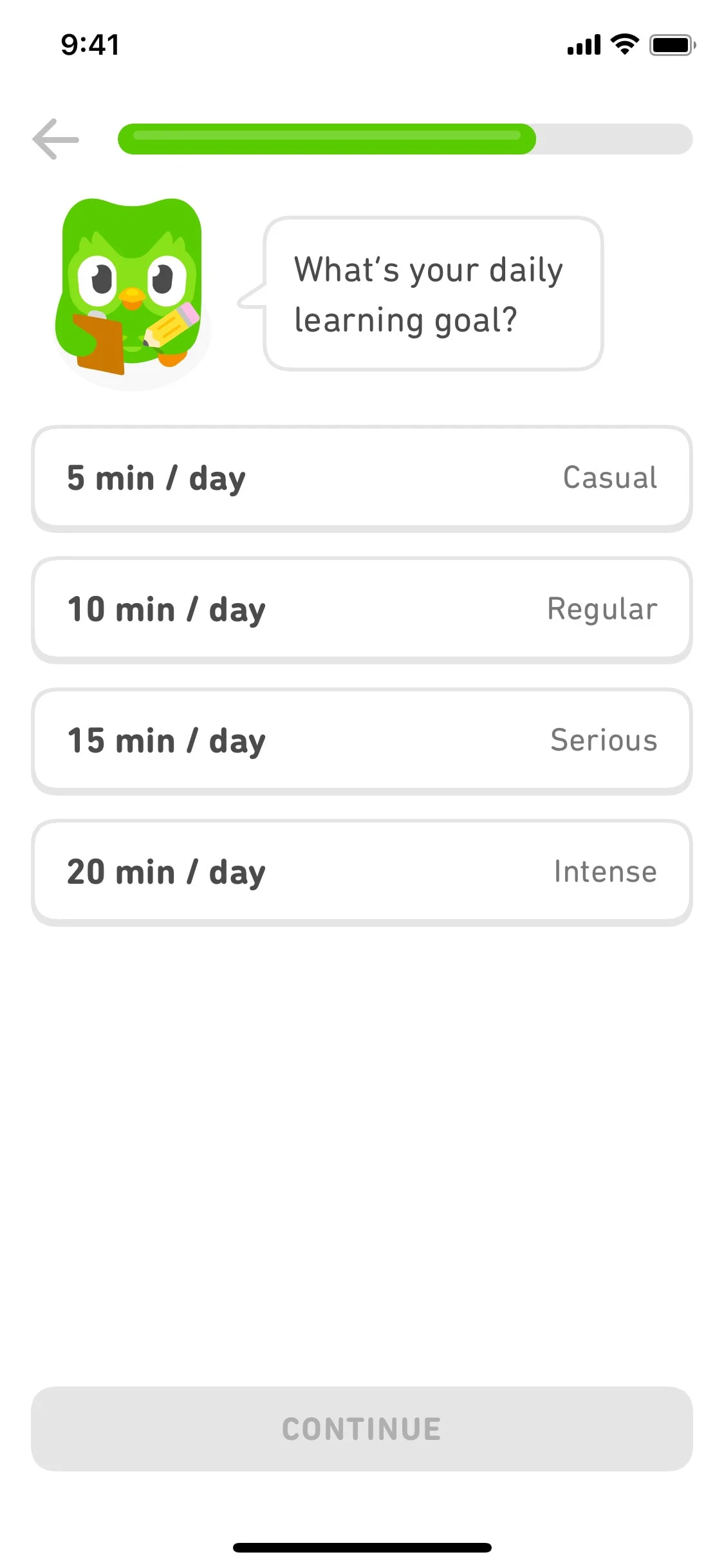 Duolingo UI Design Screenshot: Onboarding: What's your daily learning goal?