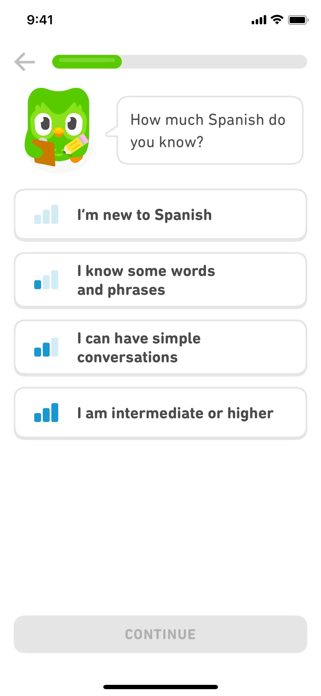 Duolingo UI Design Screenshot: Onboarding: How much Spanish do you know?