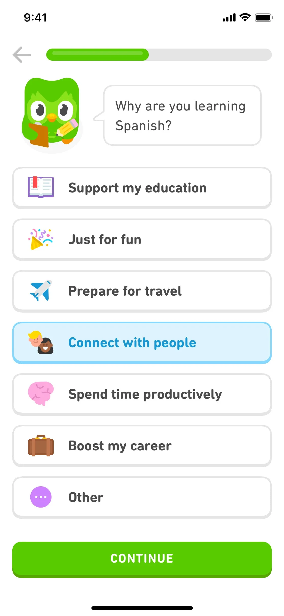 Duolingo UI Design Screenshot: Onboarding: Why are you learning Spanish?