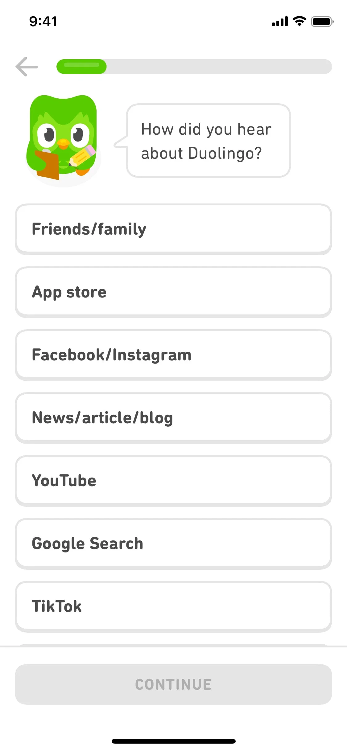 Duolingo UI Design Screenshot: Onboarding: How did you hear about Duolingo?