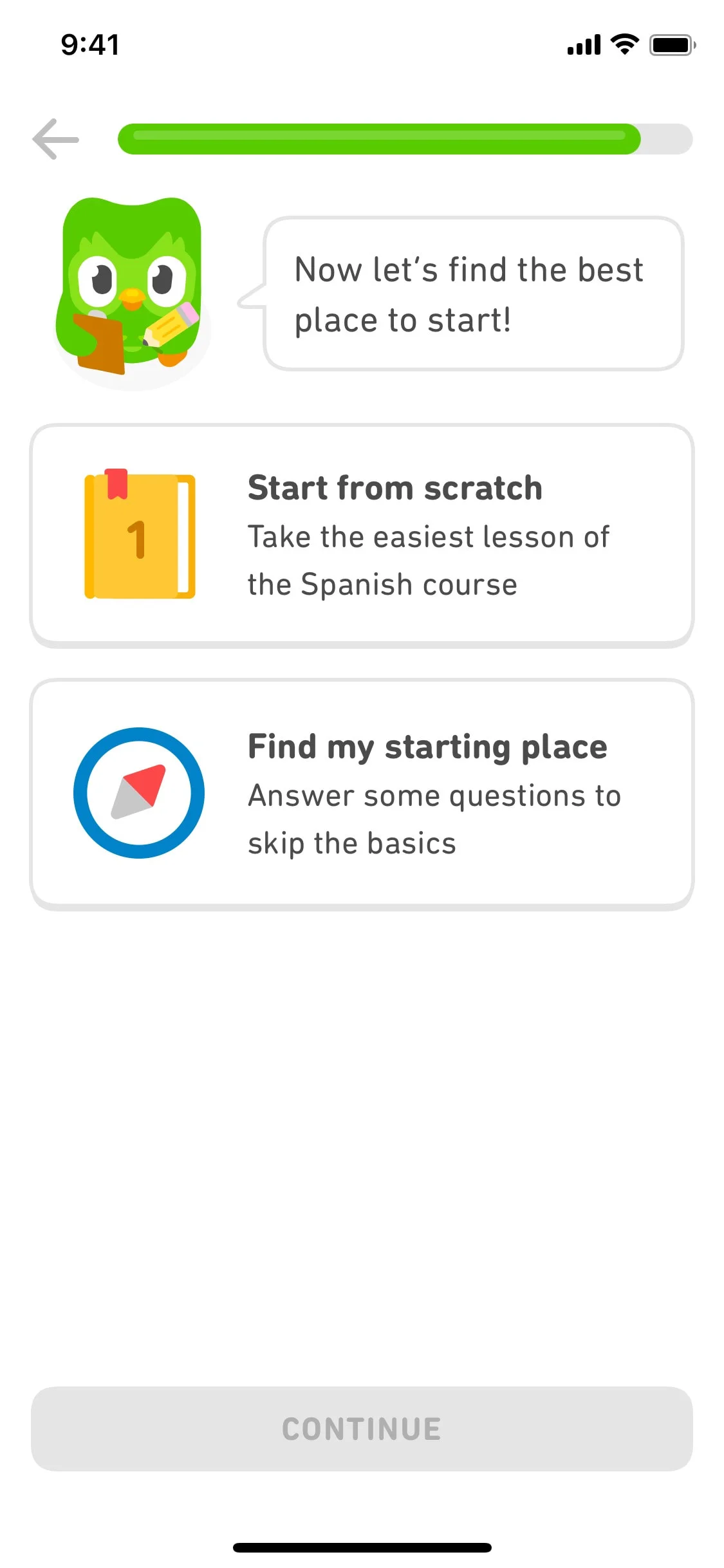Duolingo UI Design Screenshot: Onboarding: Now let's find the best place to start!
