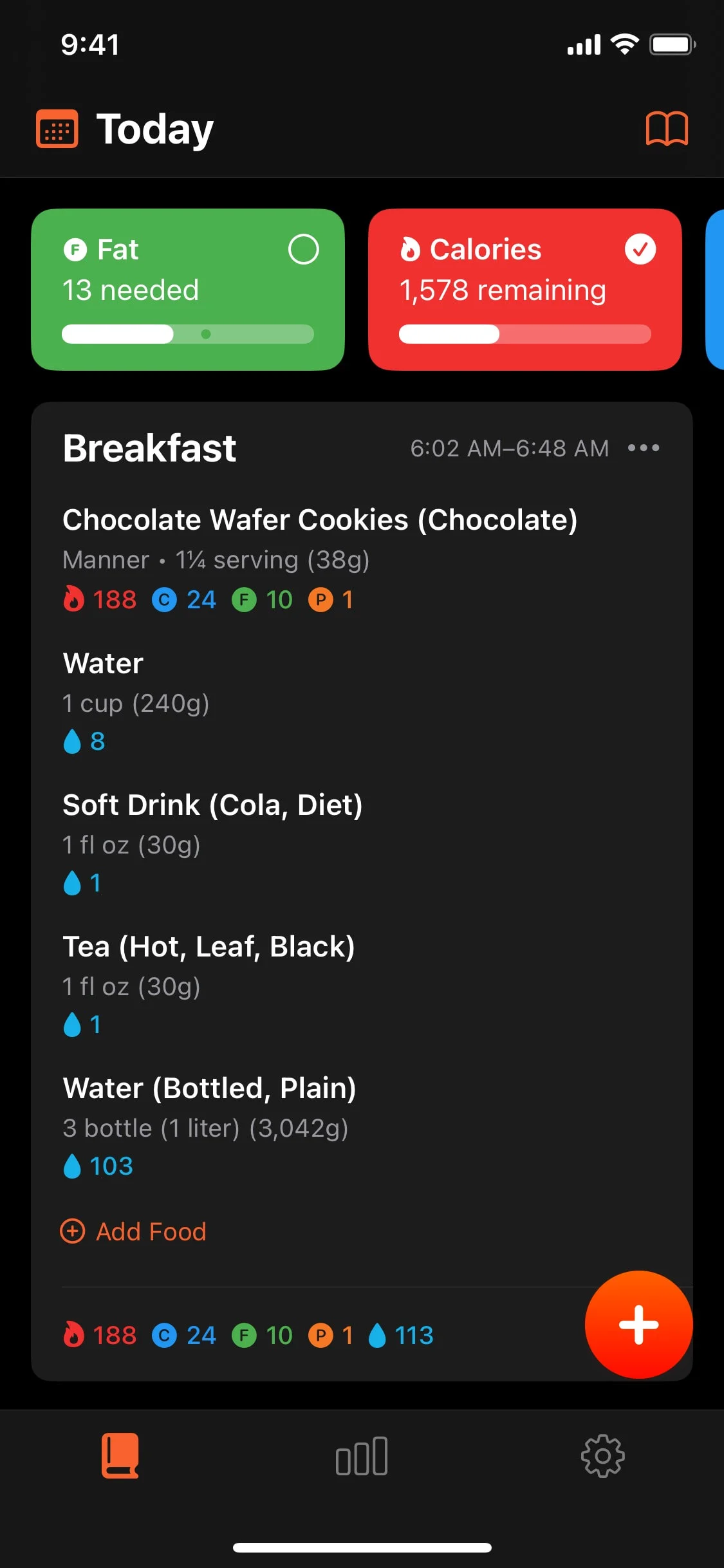 FoodNoms UI Design Screenshot: Macronutrient & Calorie Nutrition Log