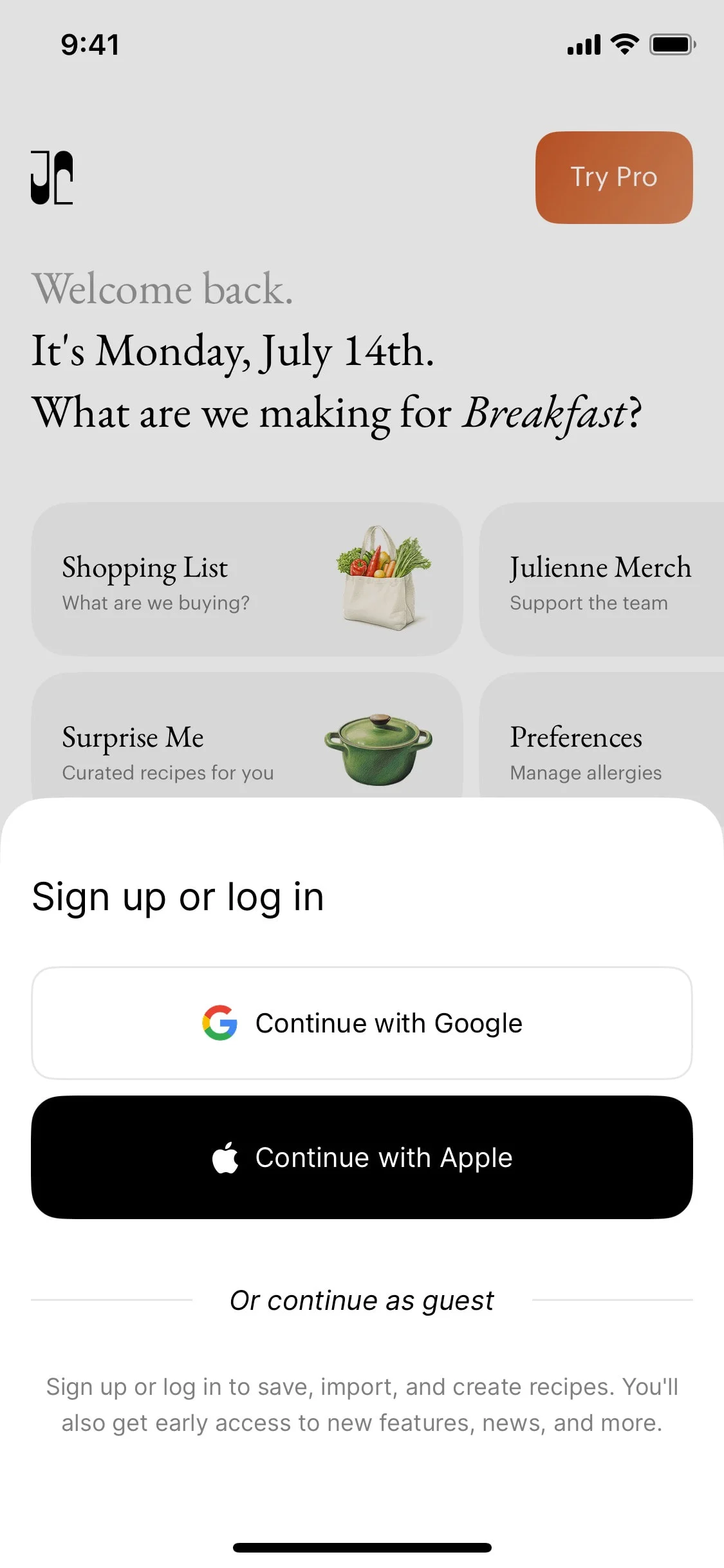 Julienne UI Design Screenshot: Intuitive Meal Planning & Recipe Box