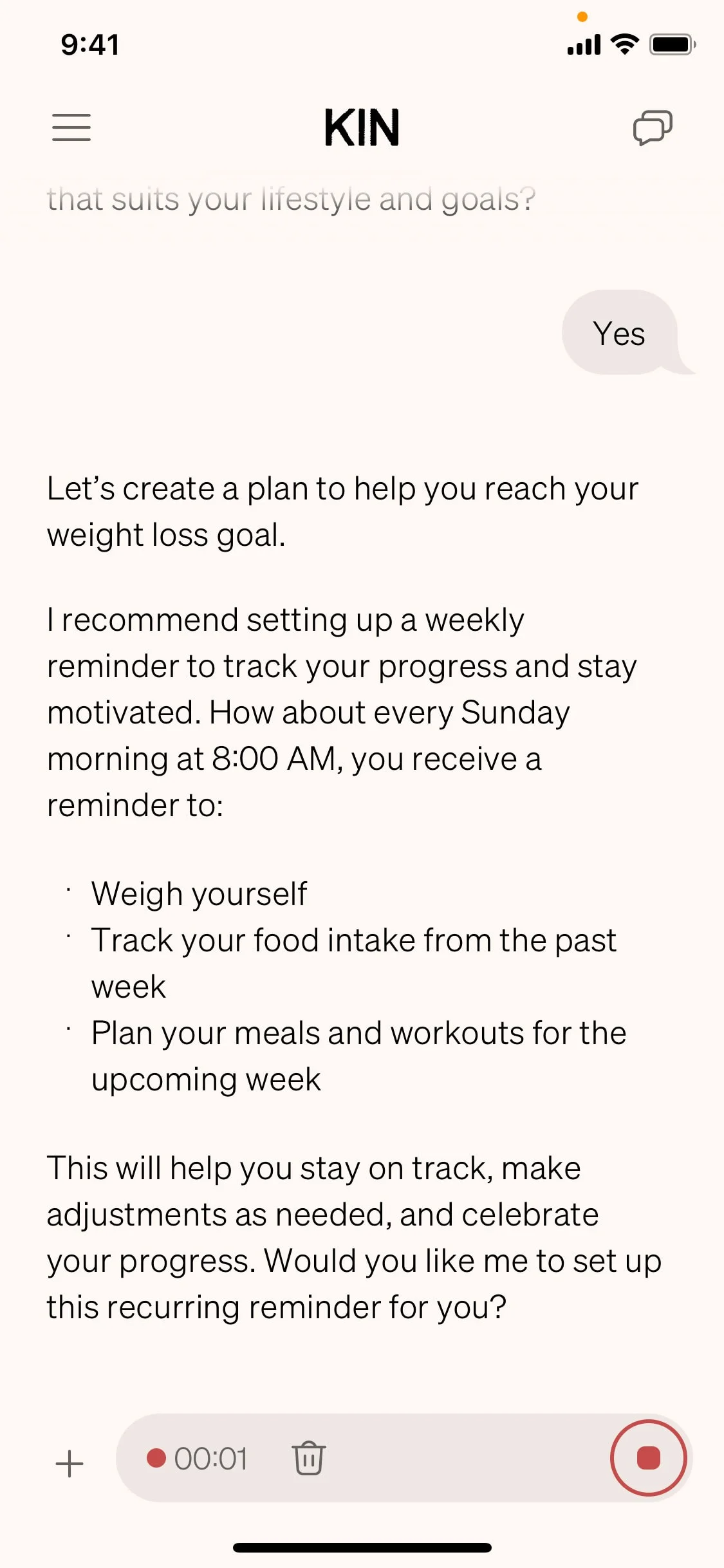 Kin UI Design Screenshot: Personal AI Life & Relationship Coach