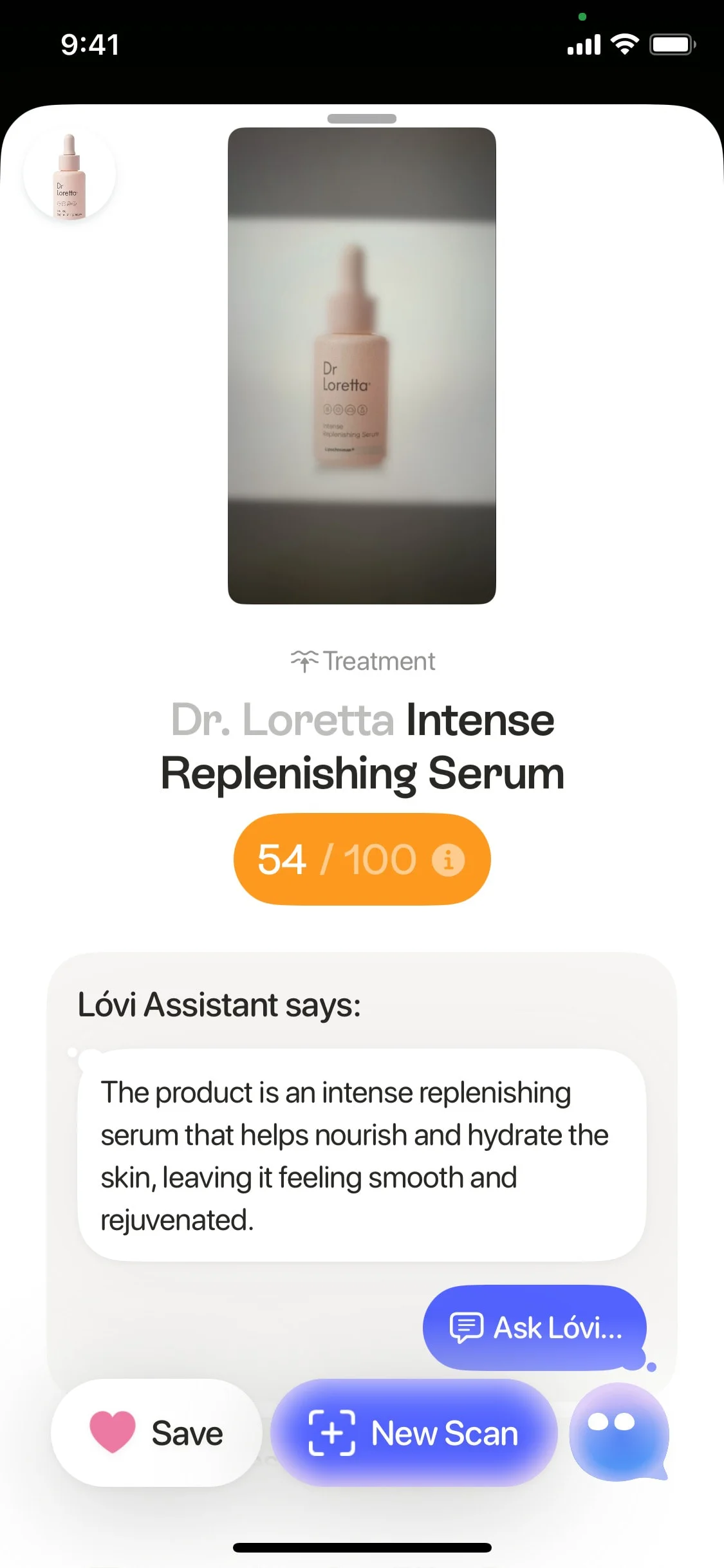 Lovi UI Design Screenshot: Skincare Analysis & Product Ingredient Guide