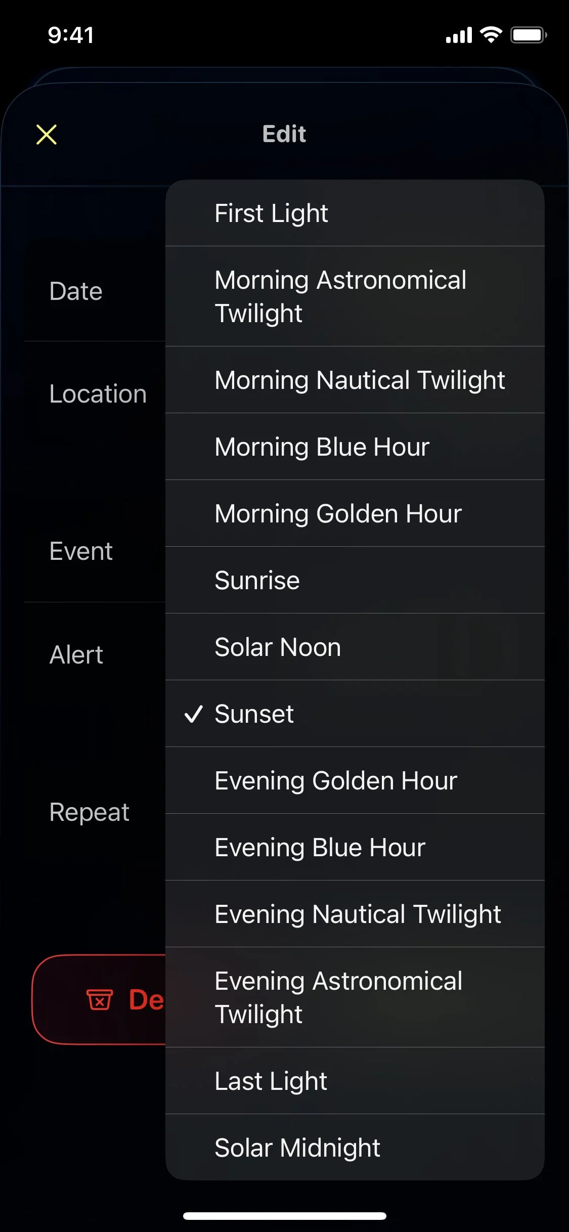 Lumy UI Design Screenshot: Sun Tracker for Golden Hour Photography