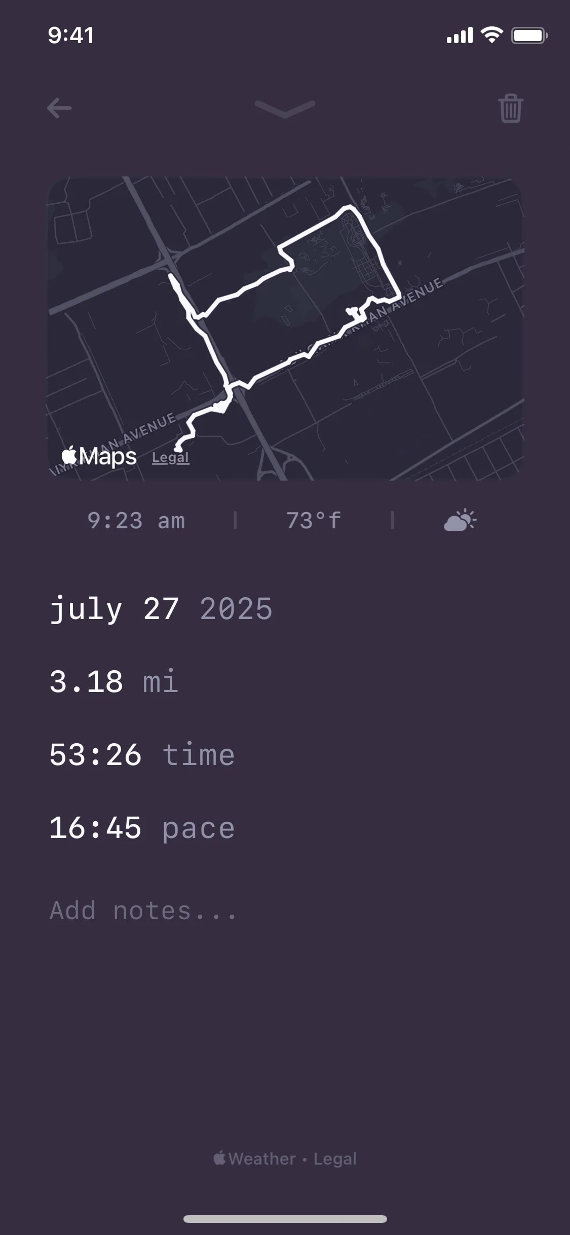 Miles UI Design Screenshot: GPS Running Tracker & Route Distance Log