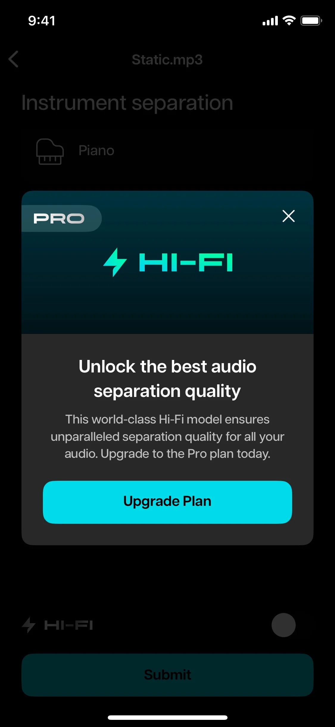 Moises UI Design Screenshot: AI Audio Separation & Musician Studio