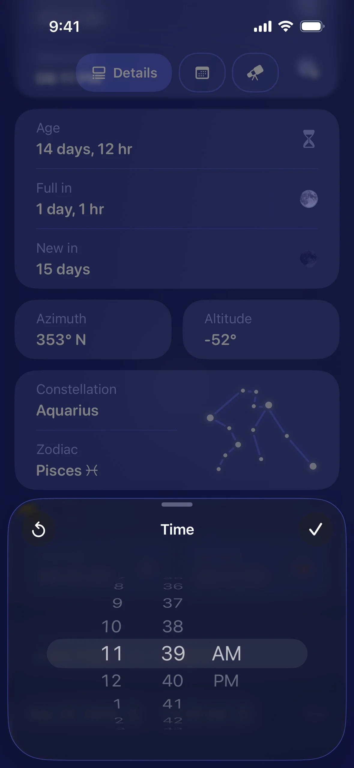Moonlitt UI Design Screenshot: Lunar Phases & Night Sky Guide