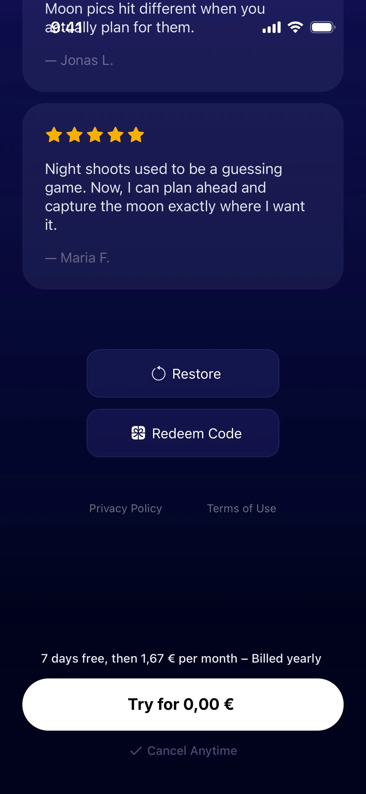 Moonlitt UI Design Screenshot: Lunar Phases & Night Sky Guide
