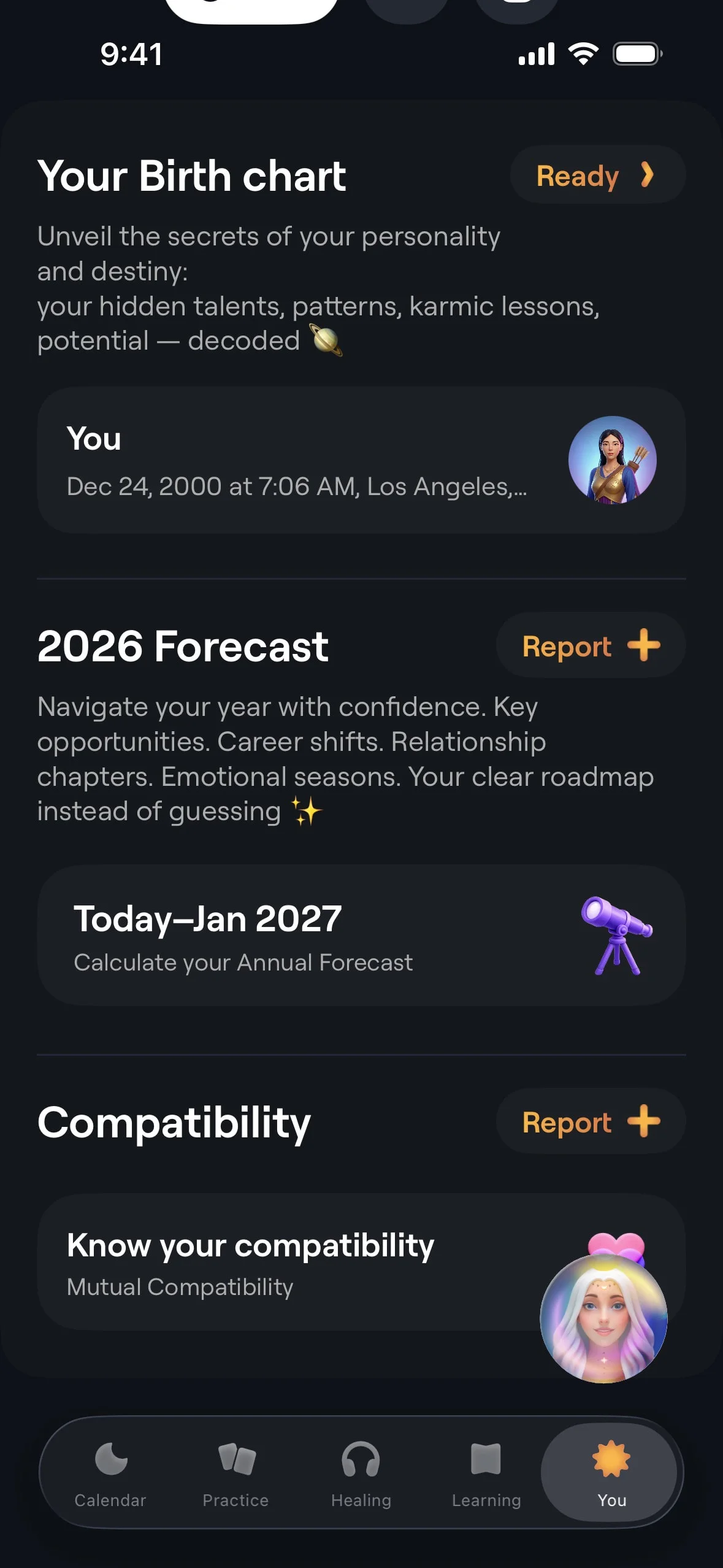 moonly UI Design Screenshot: Lunar Calendar, Tarot & Daily Horoscopes