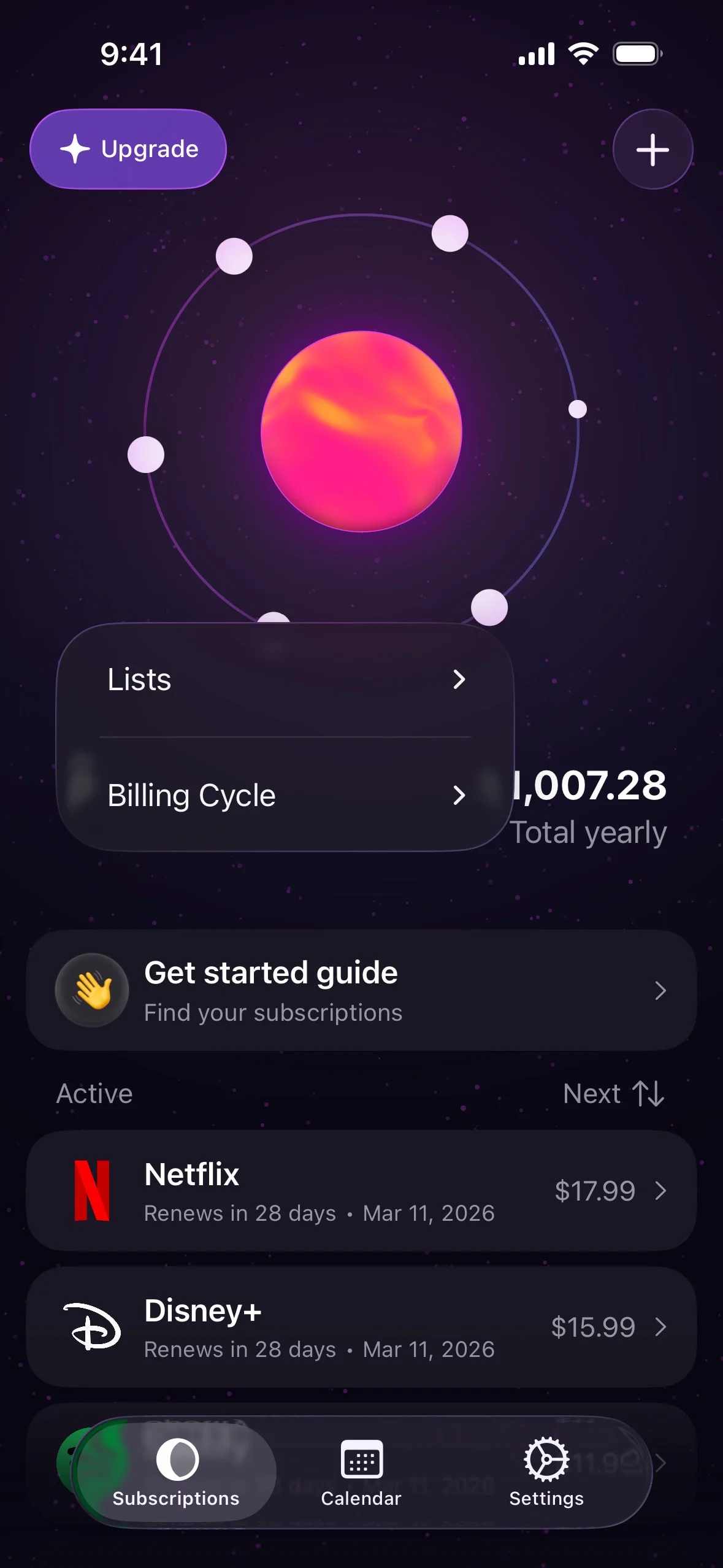orbit UI Design Screenshot: Subscription Tracking & Expense Management