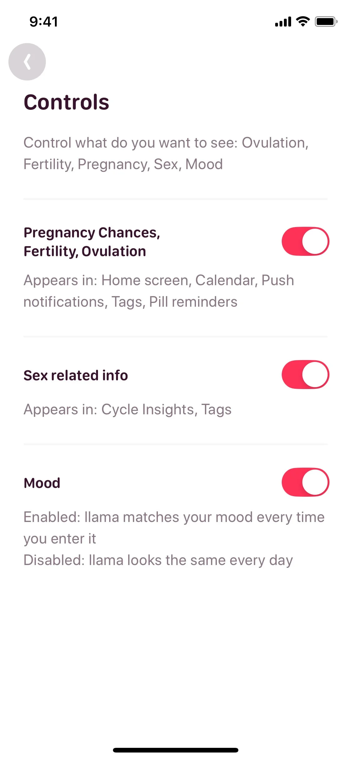 Pinkllama UI Design Screenshot: Cycle & Wellness Tracker
