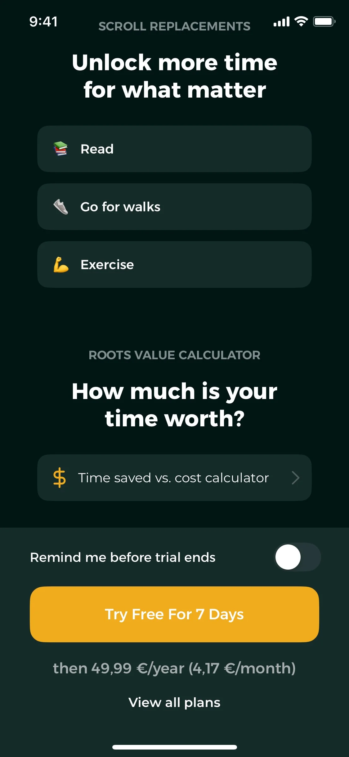 Roots UI Design Screenshot: Mindful Screen Time & Habit Builder