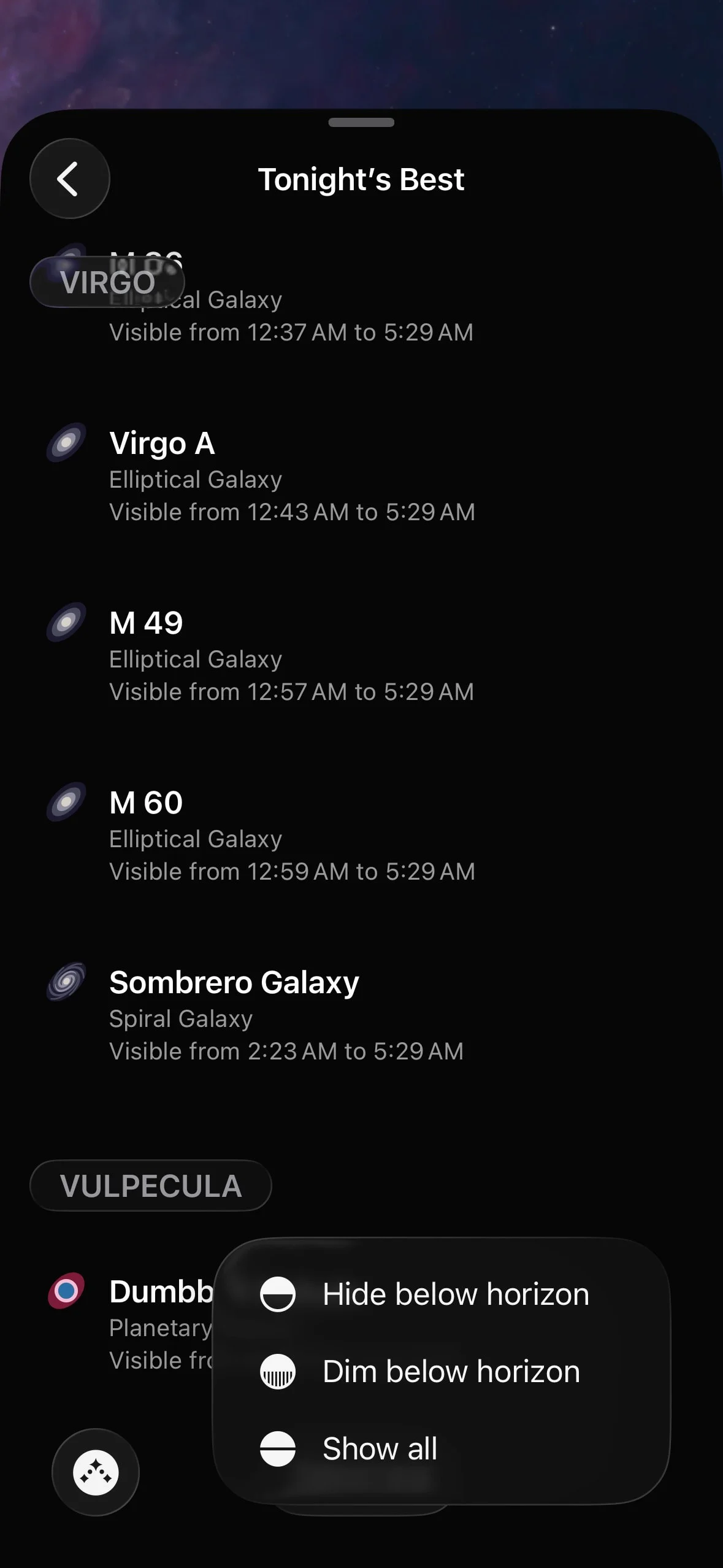 skyguide UI Design Screenshot: Stargazing, Constellations & Space Radar
