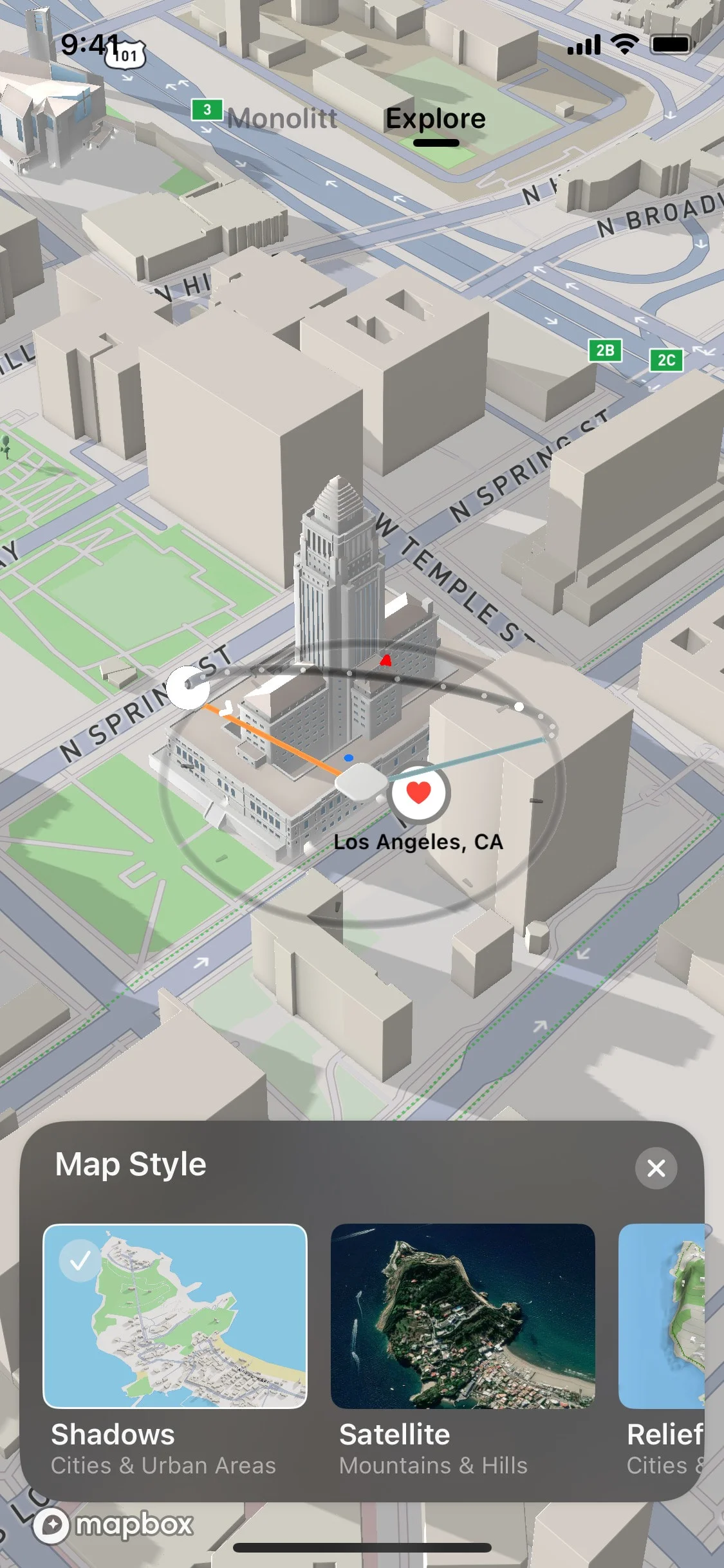 Sunlitt UI Design Screenshot: Sun Position & Shadow Tracking Map