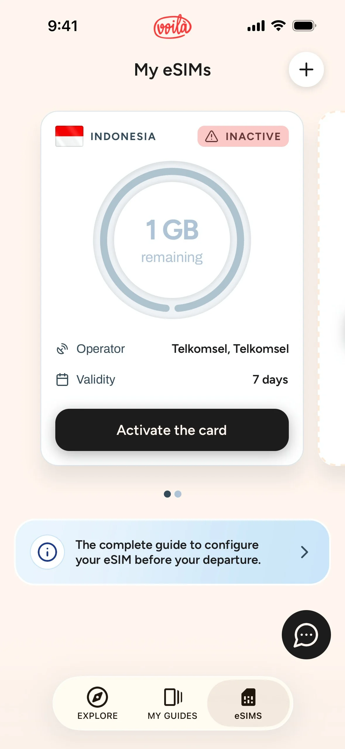 voila UI Design Screenshot: Global eSIM Data & Travel Connectivity